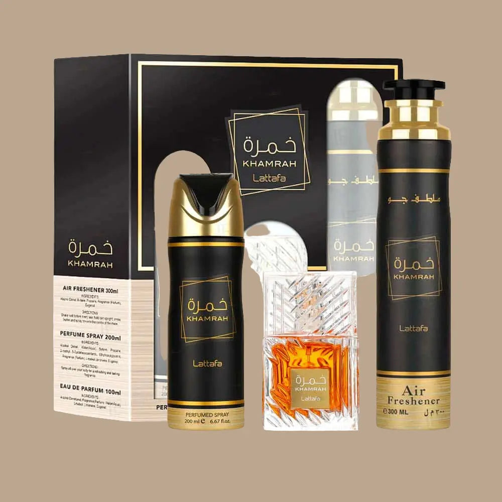 Pack Khamrah de Lattafa – Set de Perfume, Desodorante y Ambientador para Mujer