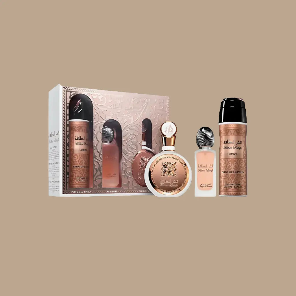 Set Lattafa Fakhar Rose Mujer – Perfume 100 ml + Bruma Capilar + Desodorante