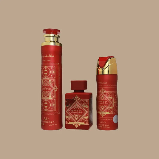 Set Badee Al Oud Sublime – Perfume Árabe 100 ml + Desodorante 200 ml + Ambientador 300 ml