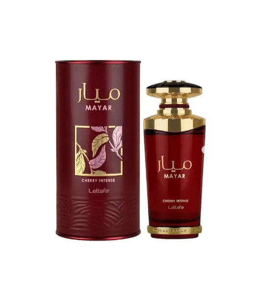 "Perfume Mayar Cherry de Lattafa 100ml - botella y caja presentadas juntas en imagen de producto"