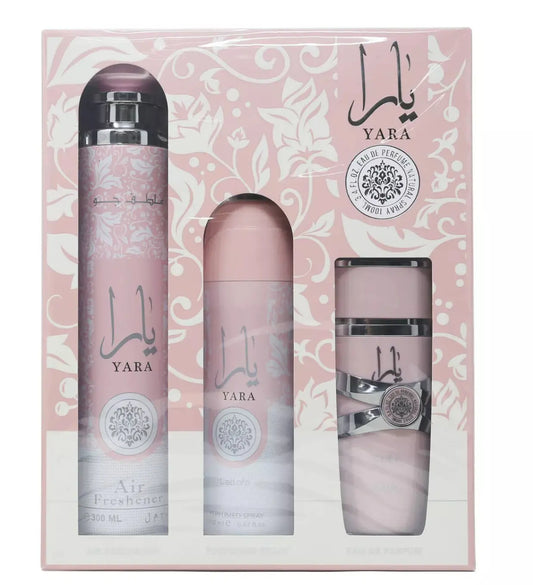 Pack Yara Rosa de Lattafa – Set de Perfume, Desodorante y Ambientador para Mujer