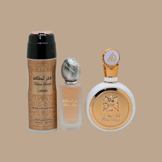Set Lattafa Fakhar Rose Mujer – Perfume 100 ml + Bruma Capilar + Desodorante