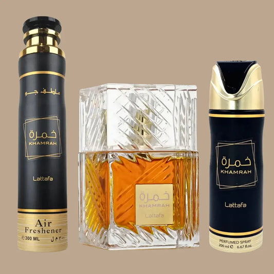 Pack Khamrah de Lattafa – Set de Perfume, Desodorante y Ambientador para Mujer